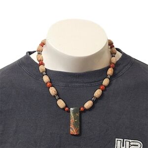 Hand Crafted Tibetan Sand Agate Necklace 18" With Red Jasper and Hematite OOAK